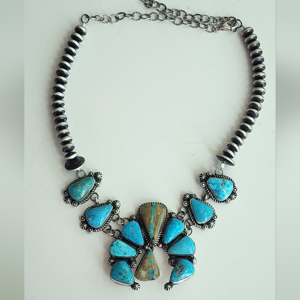 Yazzie Kingman Turquoise and Boulder Naja Station Necklace Squash Blossom